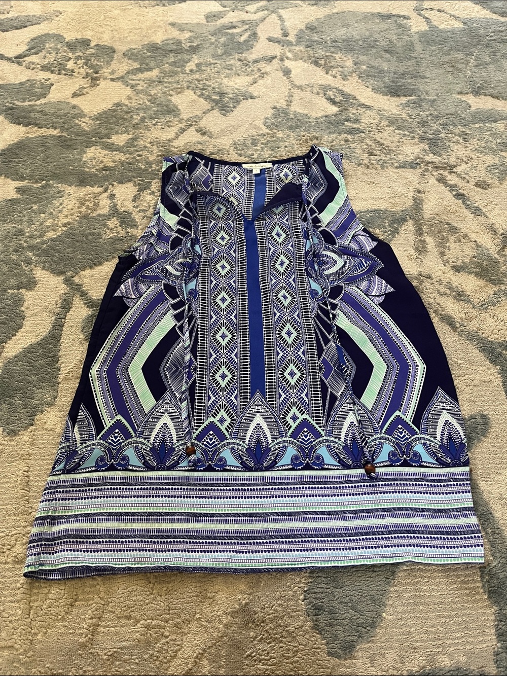 Sleeveless Printed Tunic Blouse in Navy & Mint